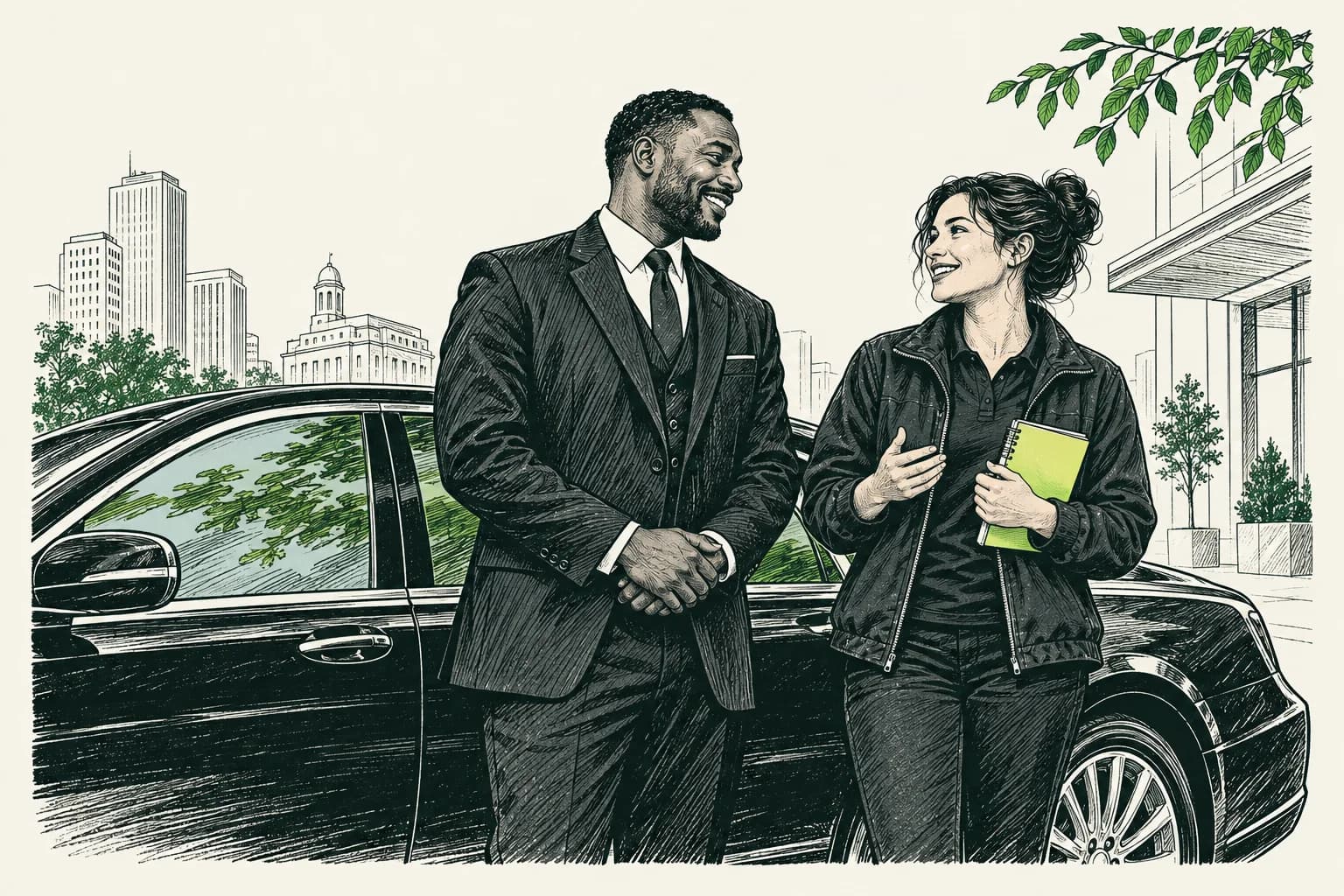 Ink illustration of two transport colleagues talking beside an executive car
