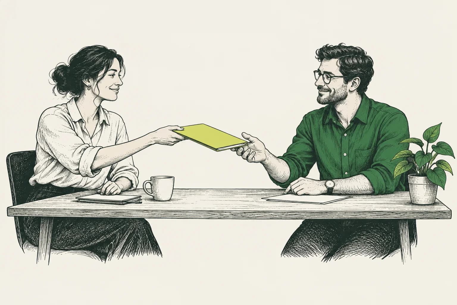 Illustration of two colleagues sharing a folder across a table